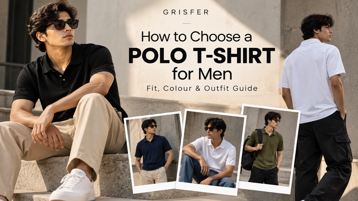 Men's polo T-shirt buying guide featuring black, white, navy and olive polo outfit ideas by GRISFER.