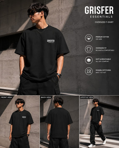 GRISFER Essentials oversized black T-shirt worn by a model