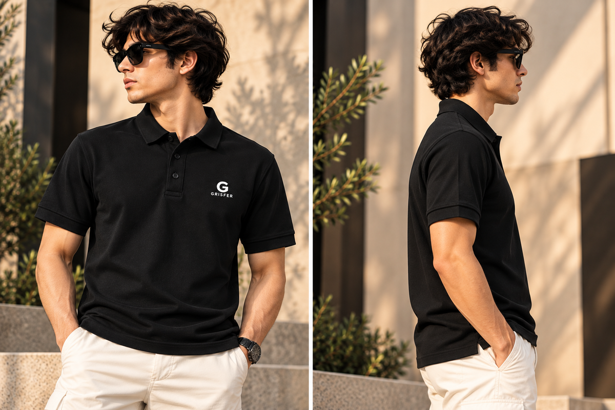 GRISFER black polo T-shirt front and back editorial views