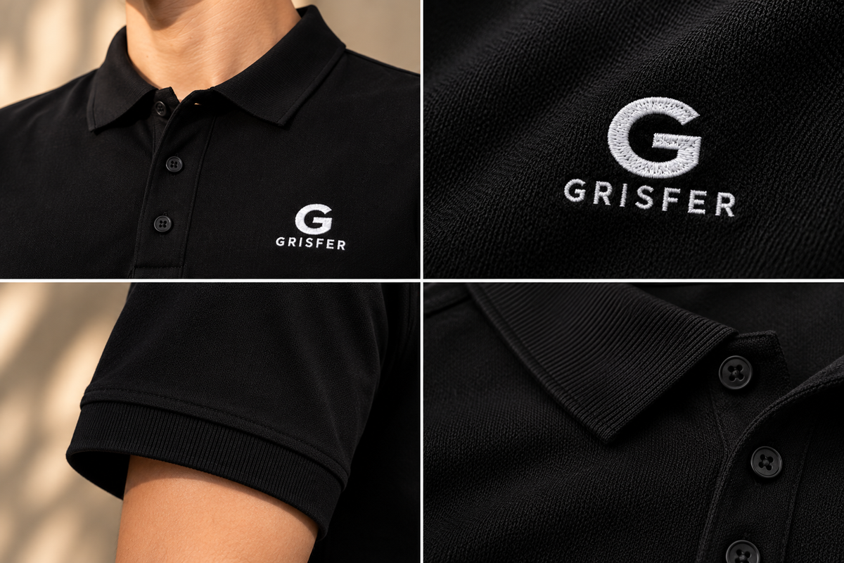 GRISFER black polo T-shirt collar and fabric detail