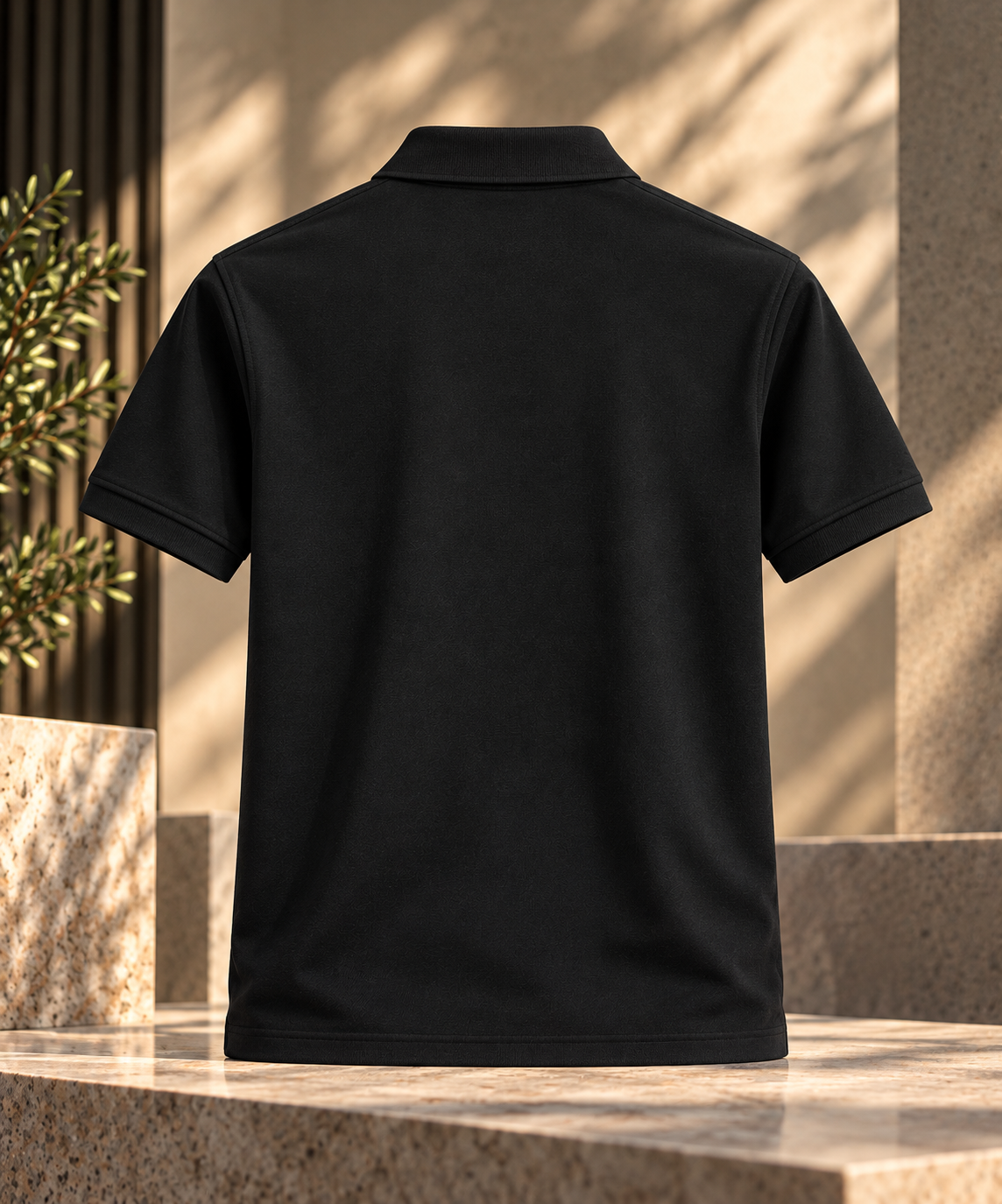 GRISFER black polo T-shirt on a warm stone plinth