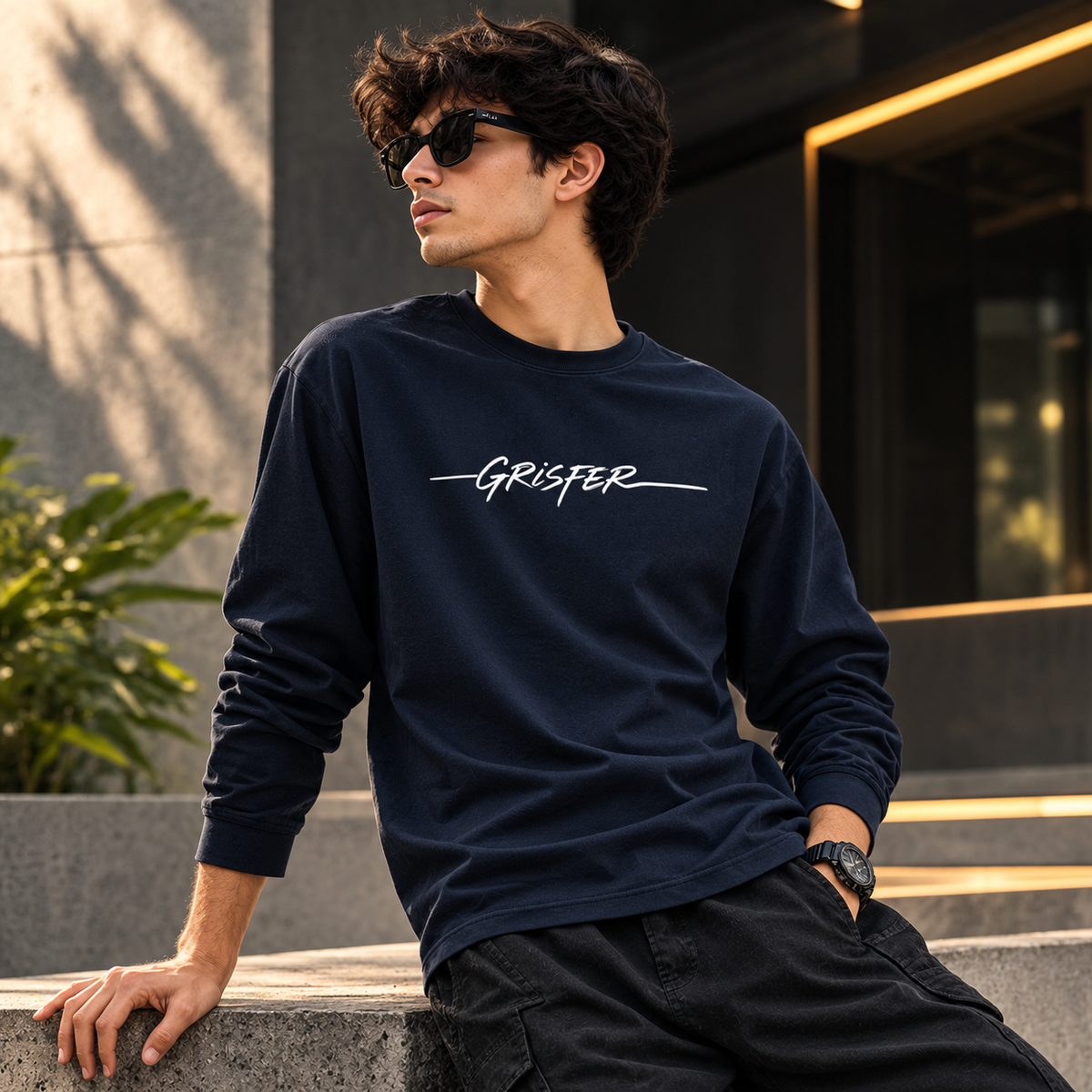 GRISFER men's navy blue full sleeve T-shirt in a streetwear portrait