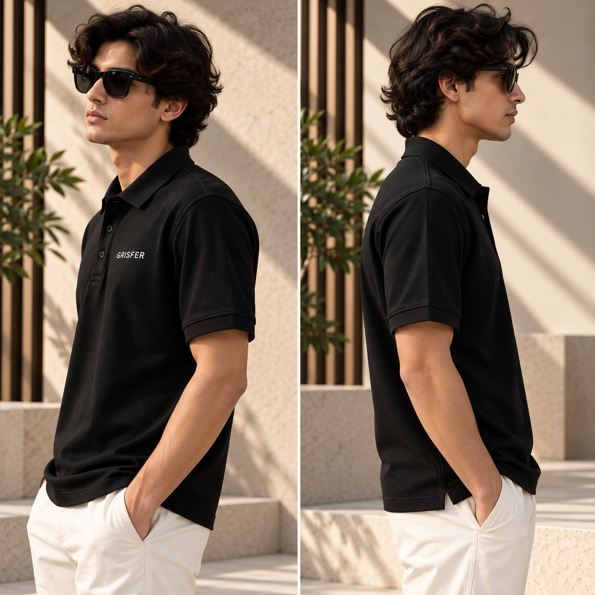 GRISFER black polo T-shirt front and back views