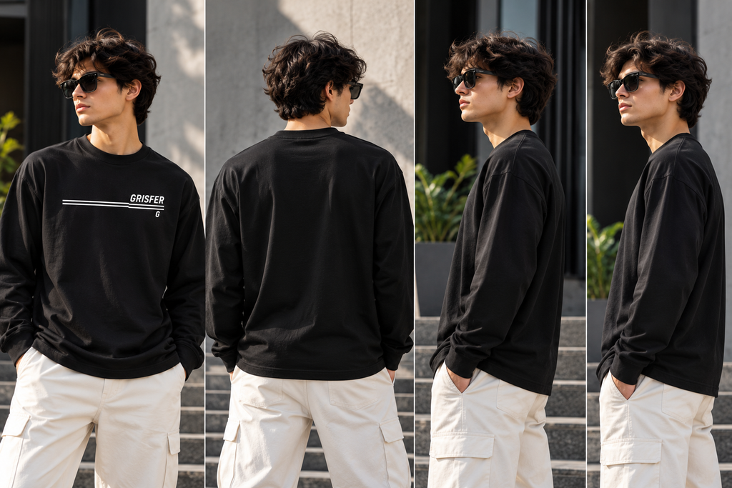 GRISFER black full sleeve T-shirt four-view product showcase