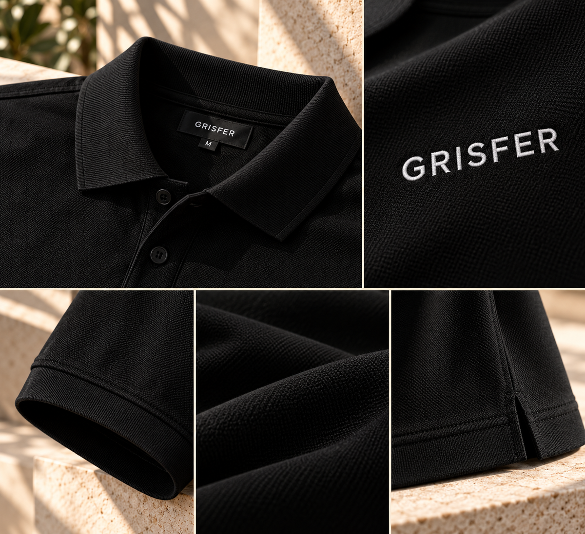 GRISFER black polo T-shirt collar and fabric detail
