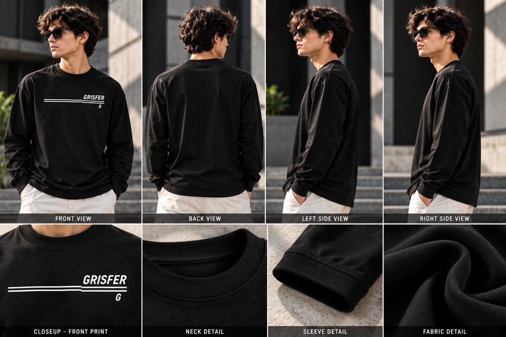 GRISFER men's black full sleeve T-shirt lookbook views