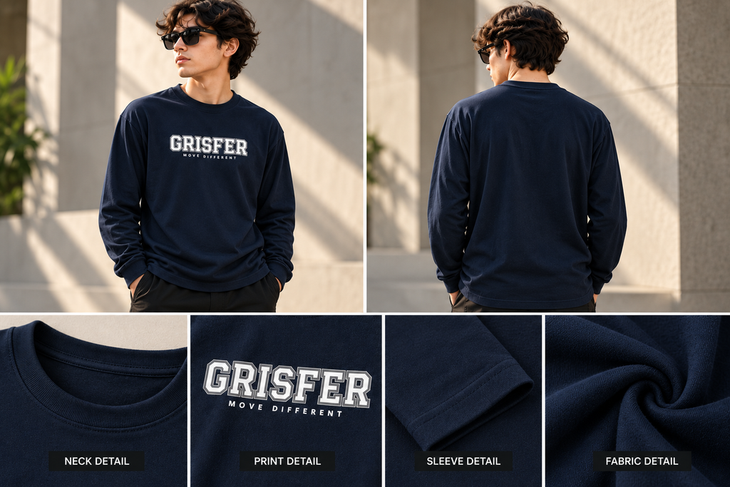 GRISFER navy blue full sleeve T-shirt detail images