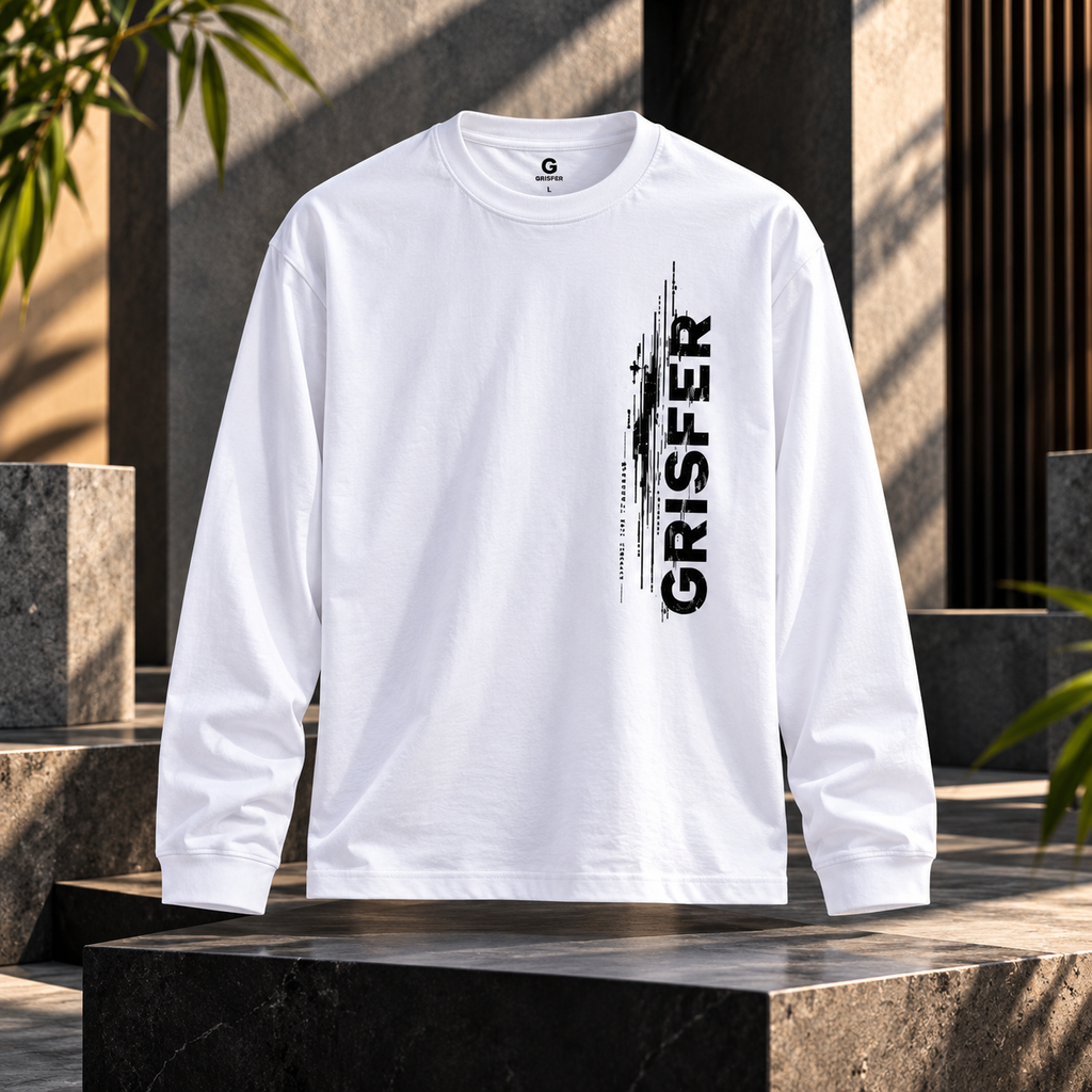 GRISFER white graphic full sleeve T-shirt in a concrete studio