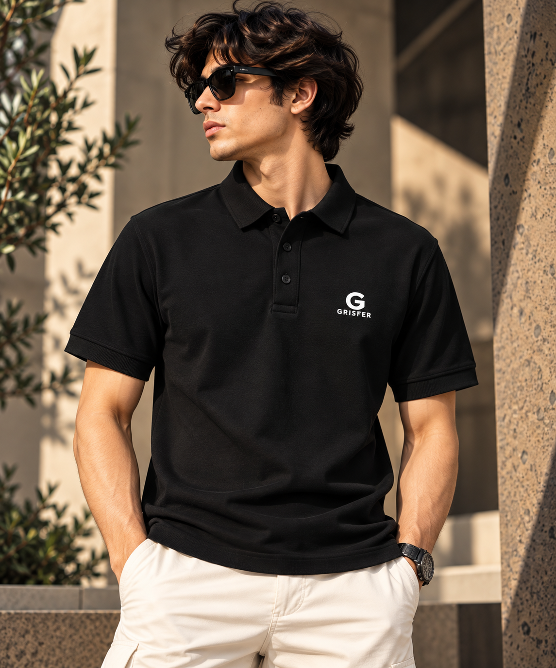 GRISFER men's black cotton polo T-shirt worn by a model