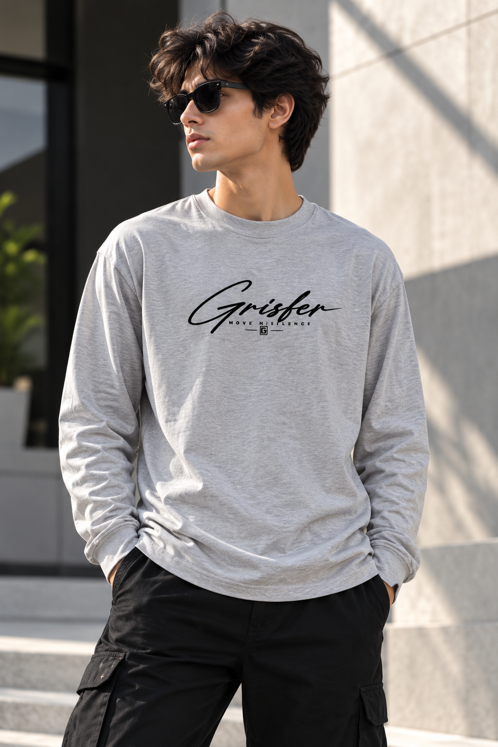 GRISFER men's grey melange full sleeve T-shirt worn in a streetwear setting