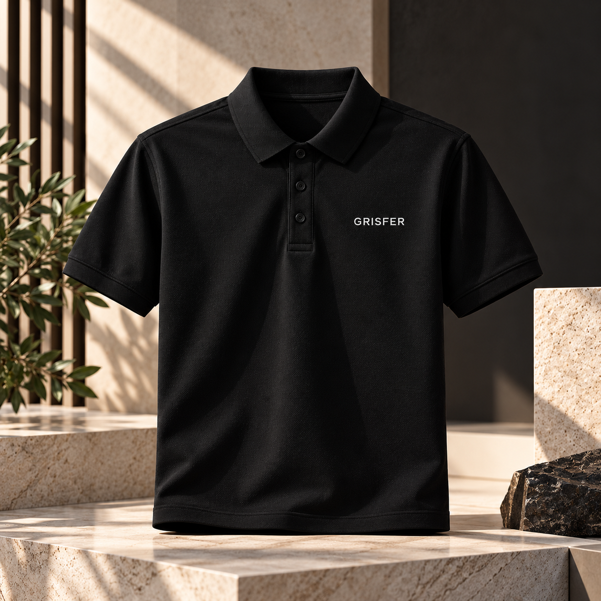 GRISFER black polo T-shirt on modern stone setting