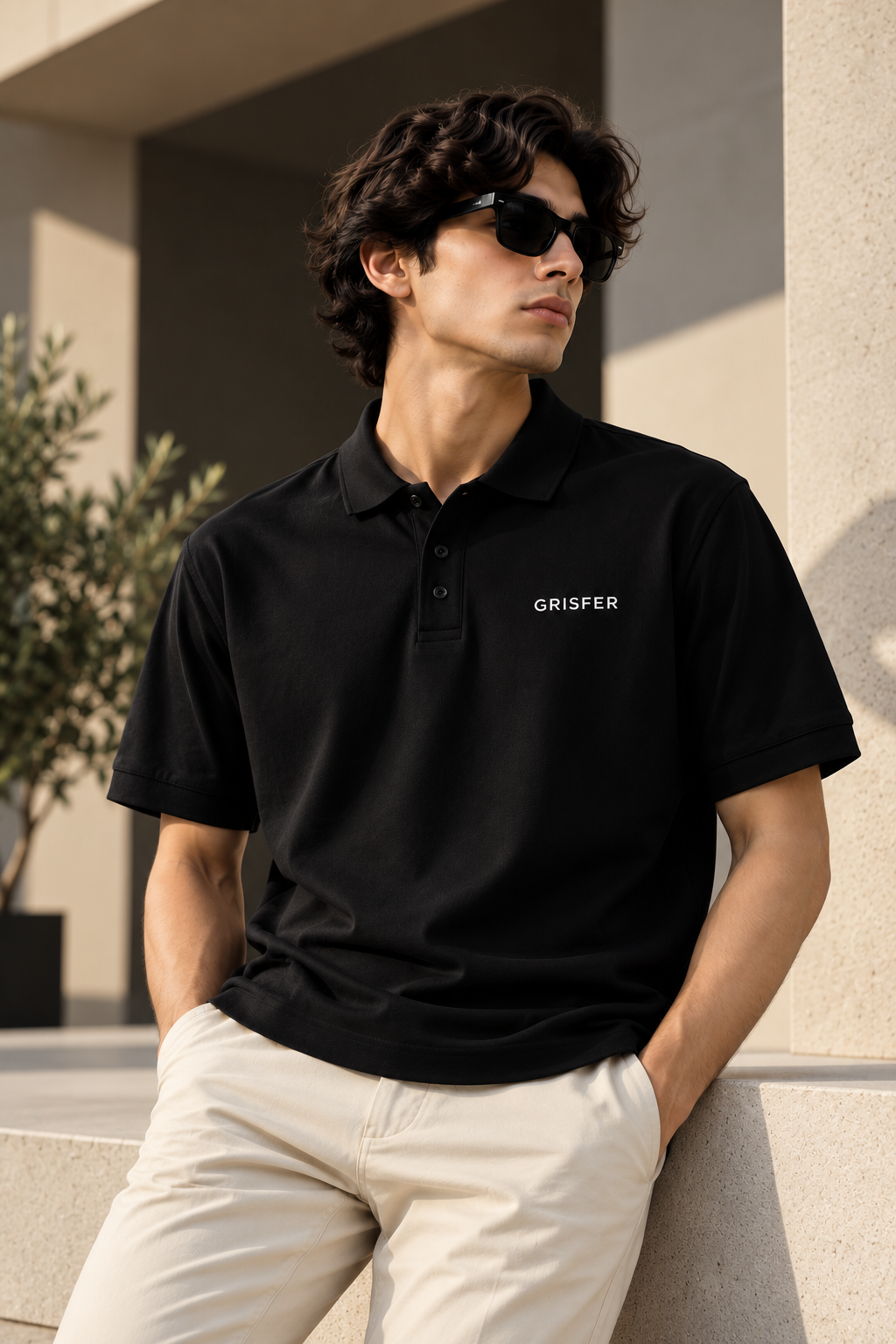 GRISFER men's black cotton polo T-shirt model front view