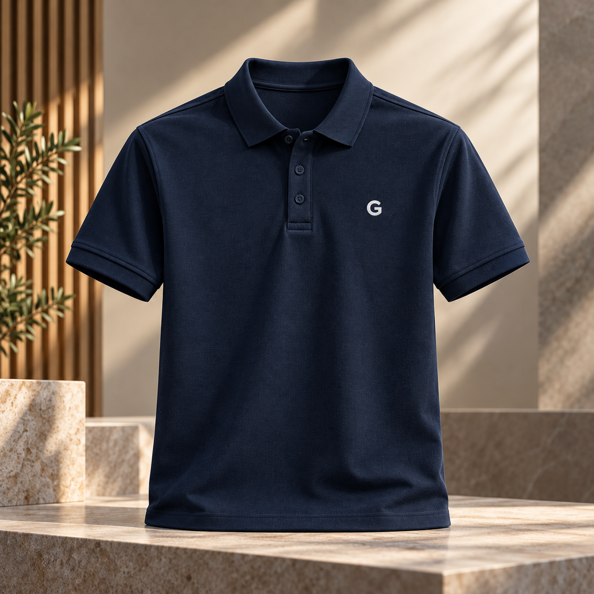GRISFER navy blue polo T-shirt on stone display