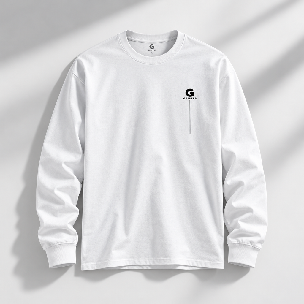 GRISFER plain white full sleeve T-shirt product mockup, front view