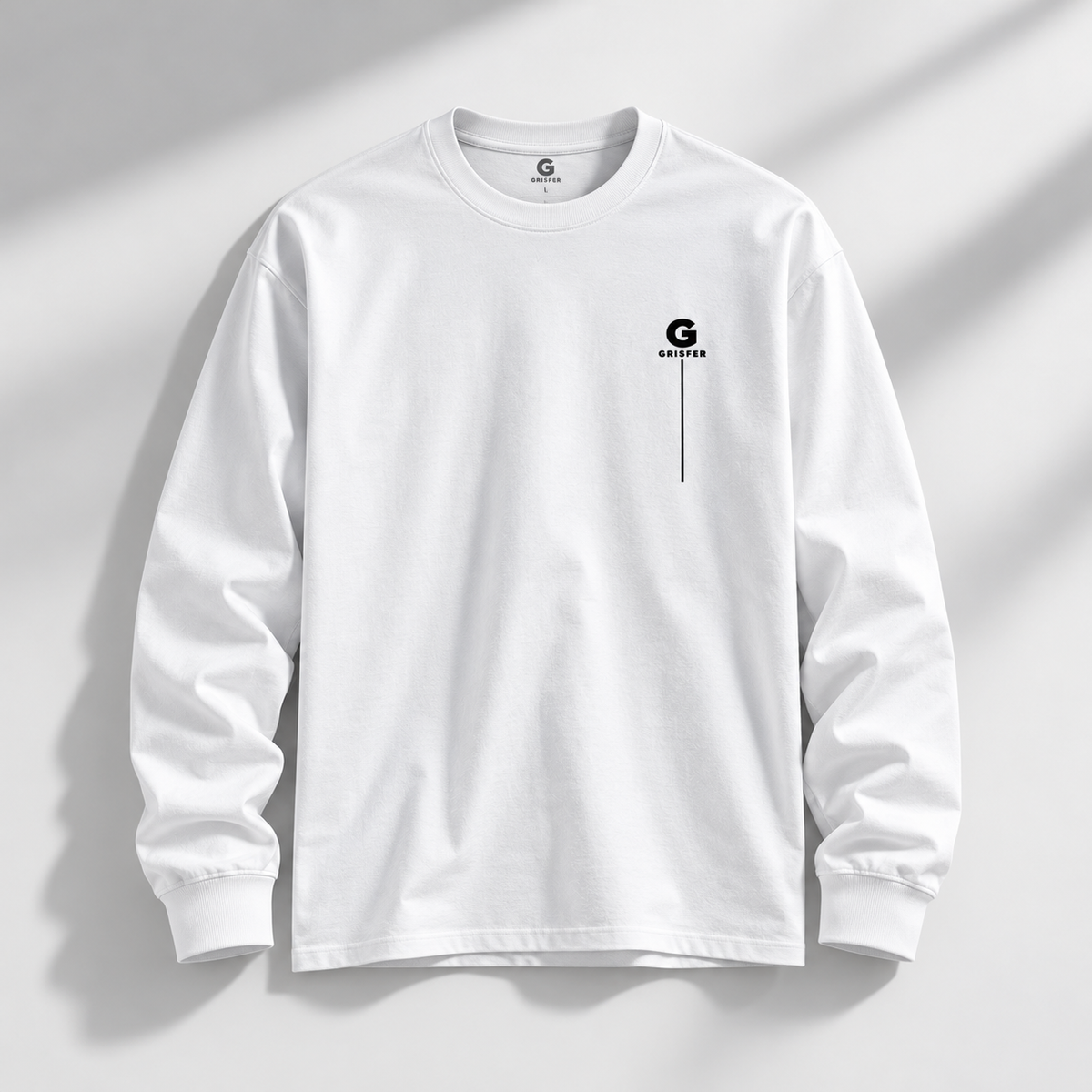 GRISFER plain white full sleeve T-shirt product mockup, front view
