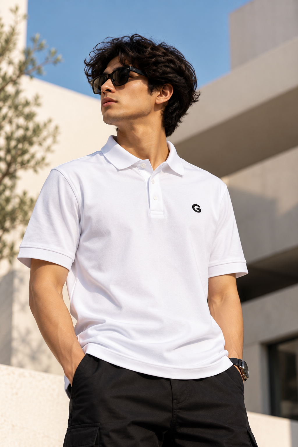 GRISFER men's white cotton polo T-shirt model front view