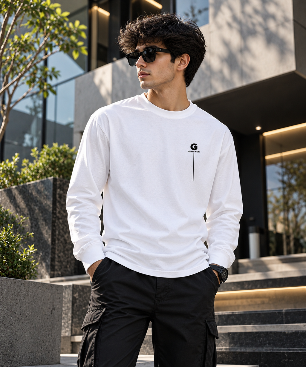 GRISFER men's white full sleeve T-shirt worn by a model in an urban setting