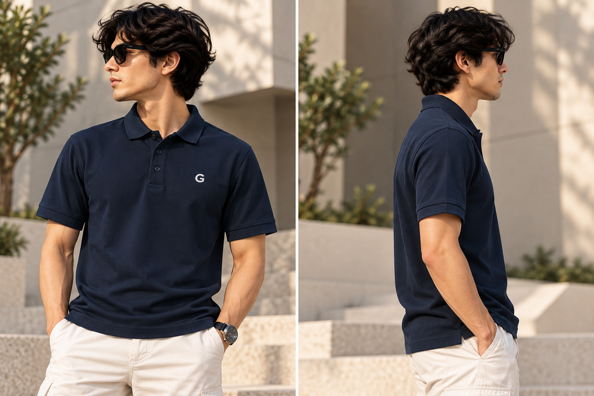 GRISFER navy blue polo T-shirt front and back views