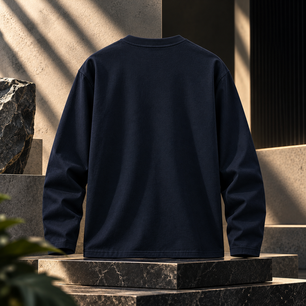 GRISFER navy blue full sleeve T-shirt product view in a sunlit studio