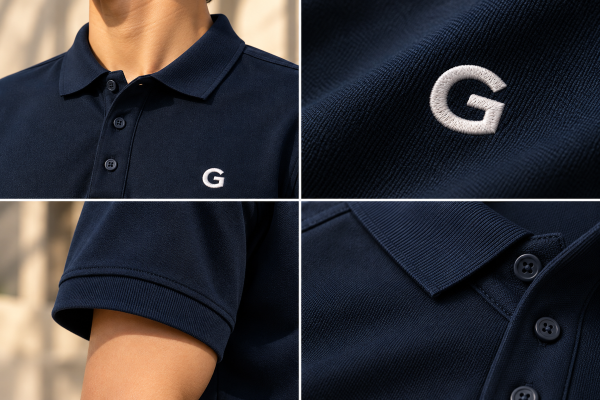 GRISFER navy blue polo T-shirt collar and fabric detail