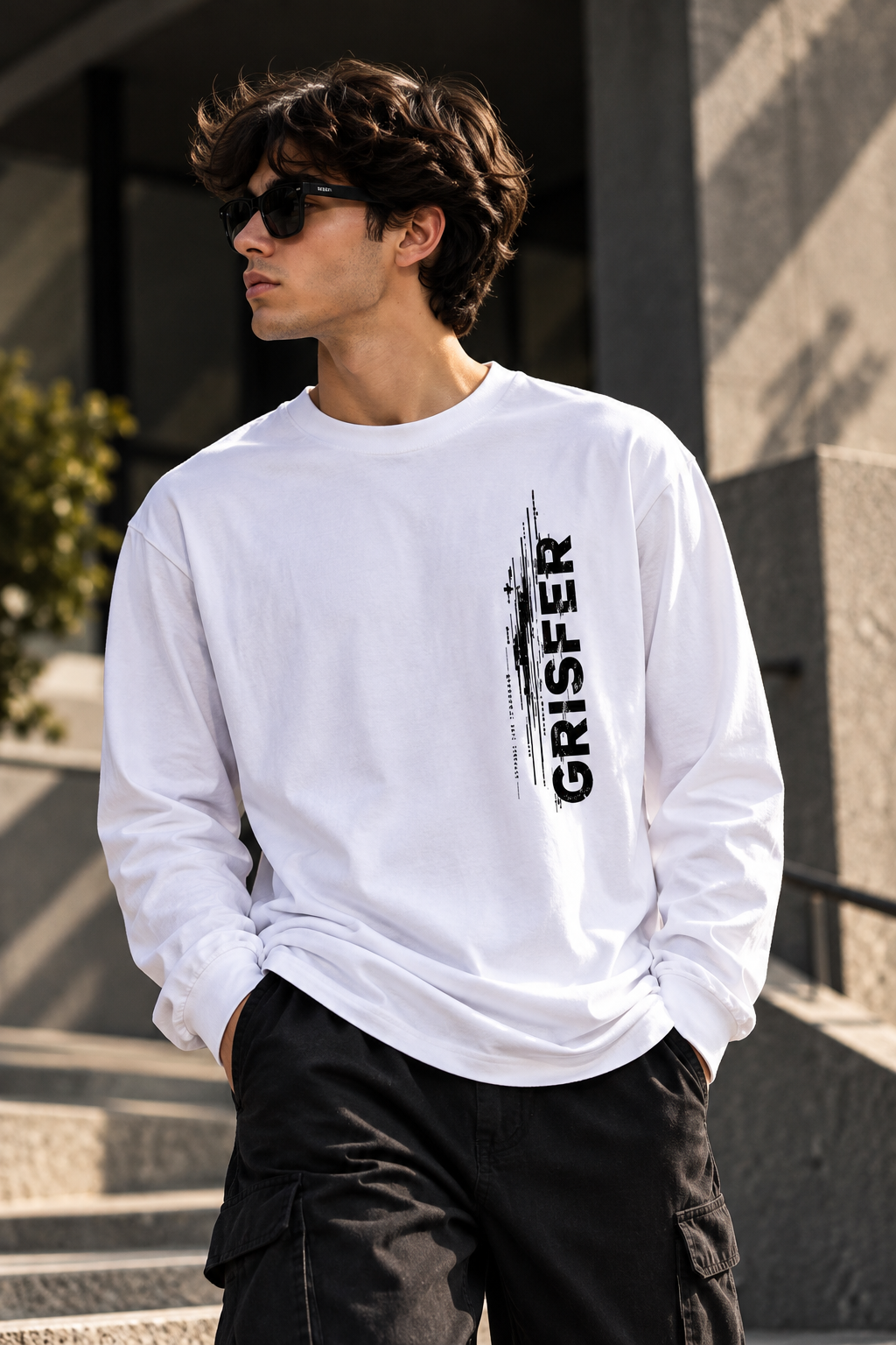 GRISFER men's white graphic full sleeve T-shirt in an urban fashion portrait