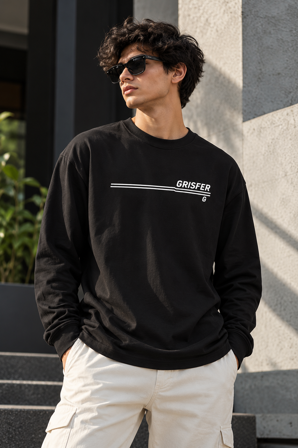 GRISFER men's black full sleeve T-shirt worn by a model
