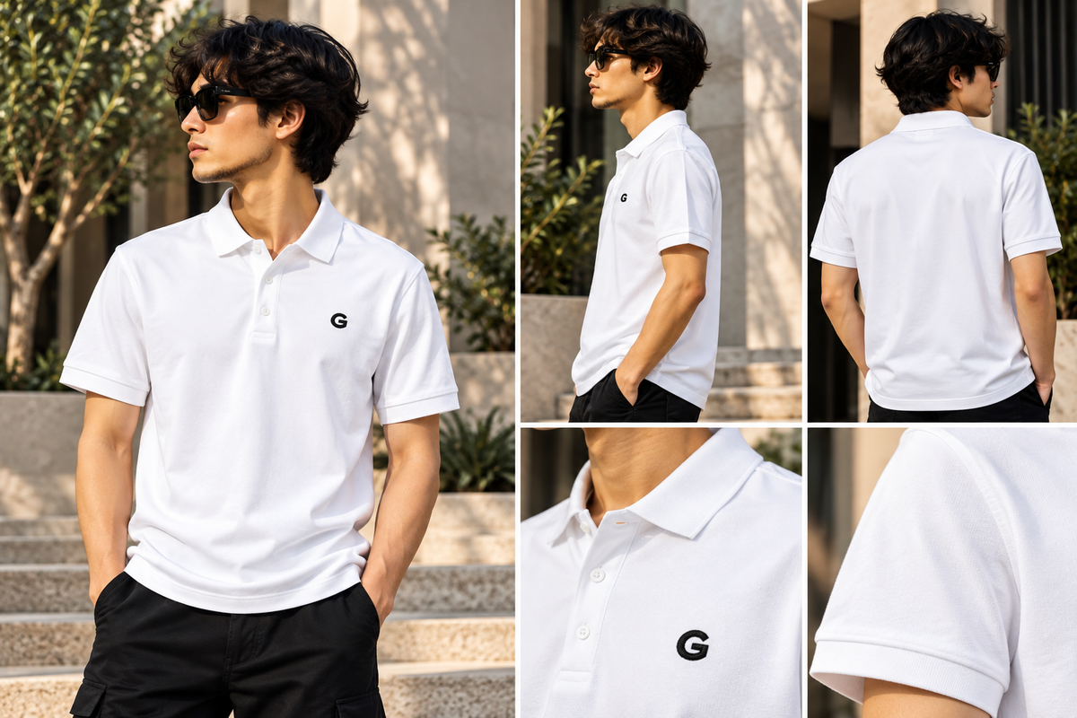 GRISFER white polo T-shirt lookbook collage