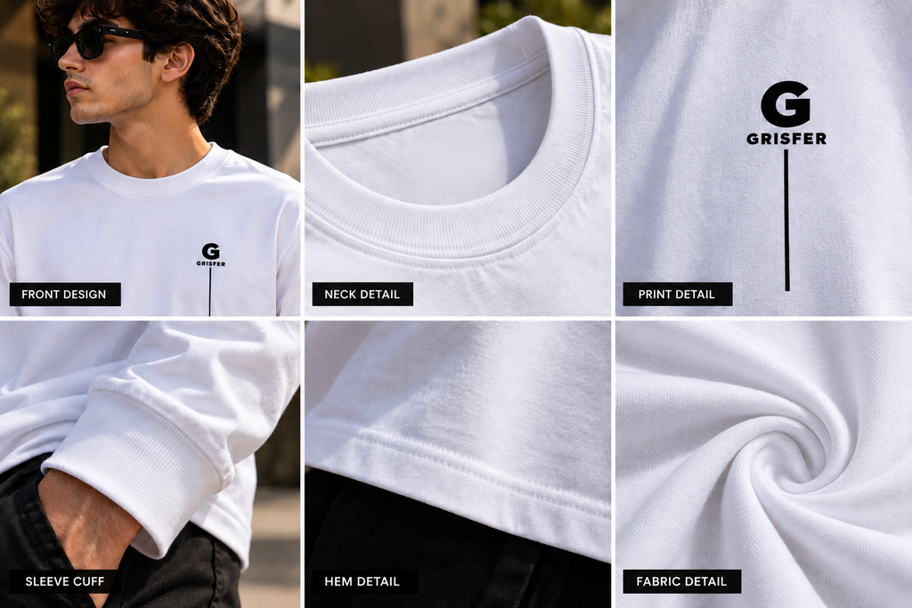 GRISFER white full sleeve T-shirt close-up details